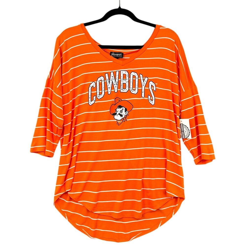 Gameday Couture Orange OSU Oklahoma V Neck 3/4 Sleeves Striped Shirt Large‎